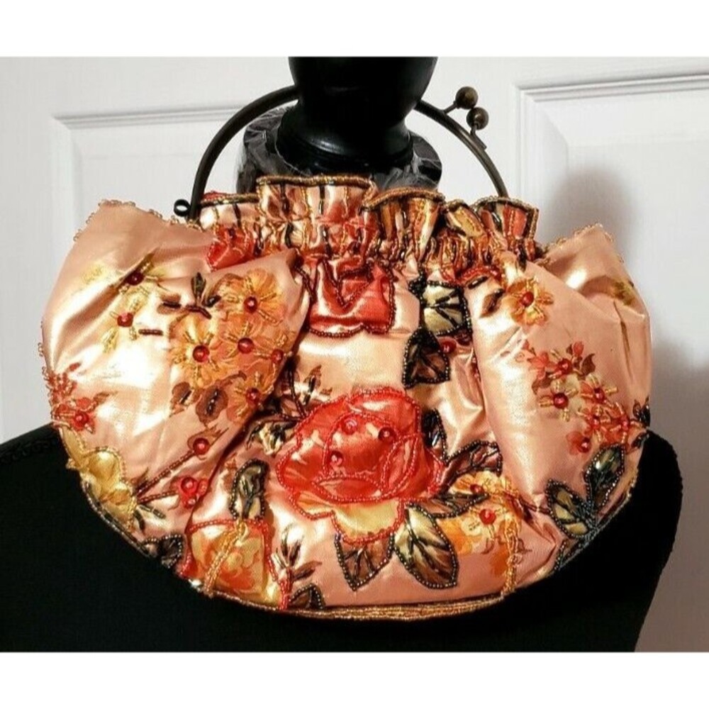 Vintage IN'S Gold Beaded Purse Small Clutch Evening bag Brass Handles Floral EUC